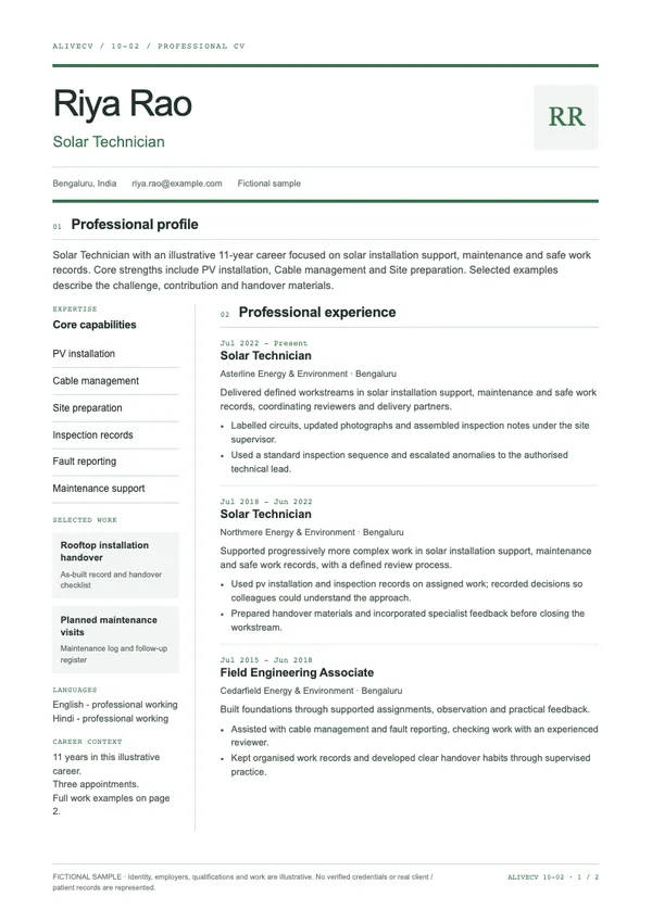 Solar Technician document first page